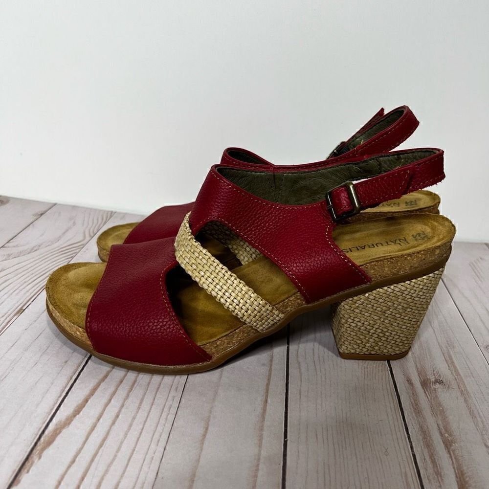 El Naturalista Red Leather Tan Woven Heeled Sandals